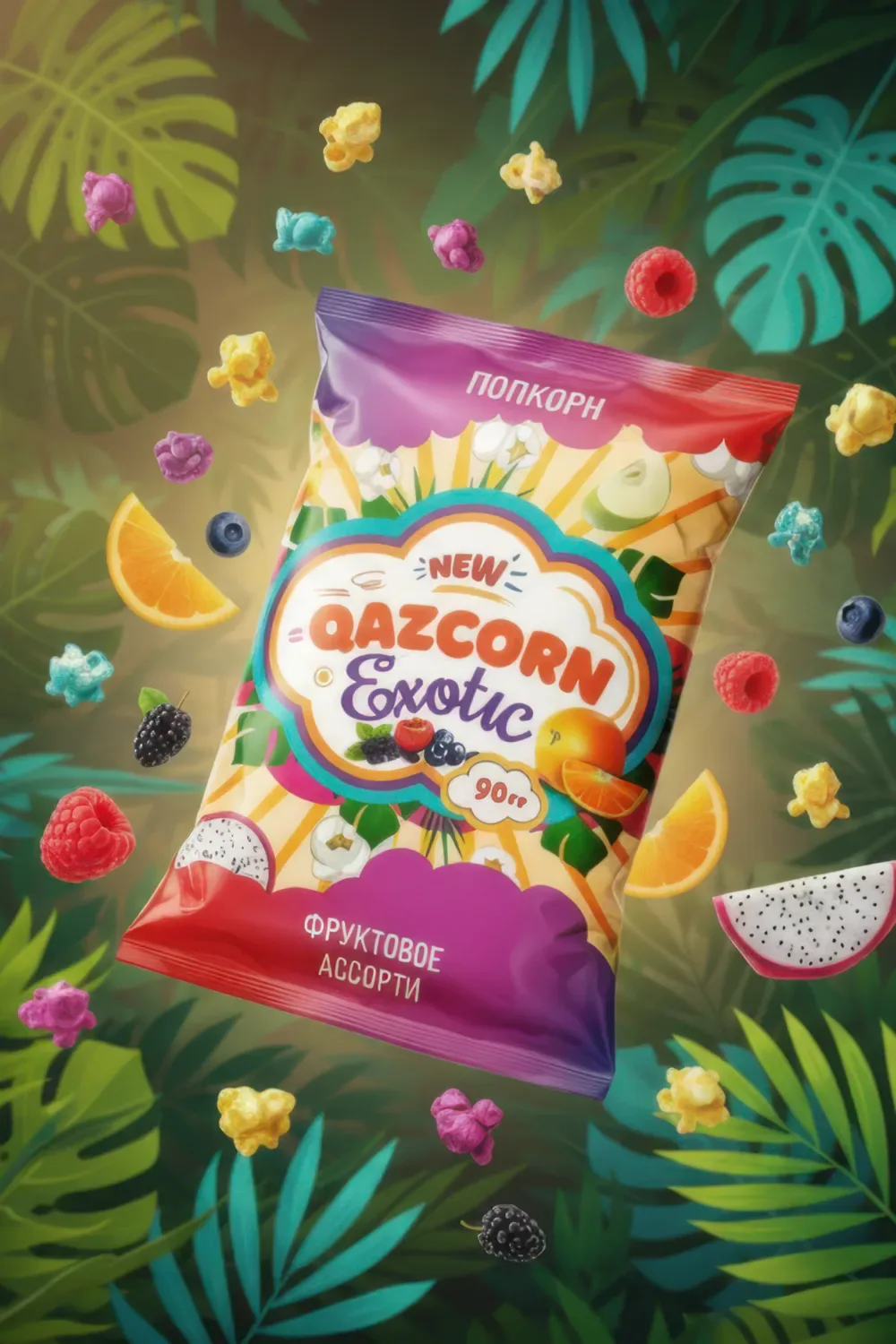 Пачка QAZCORN Exotic среди тропических листьев, ягод и цветного попкорна