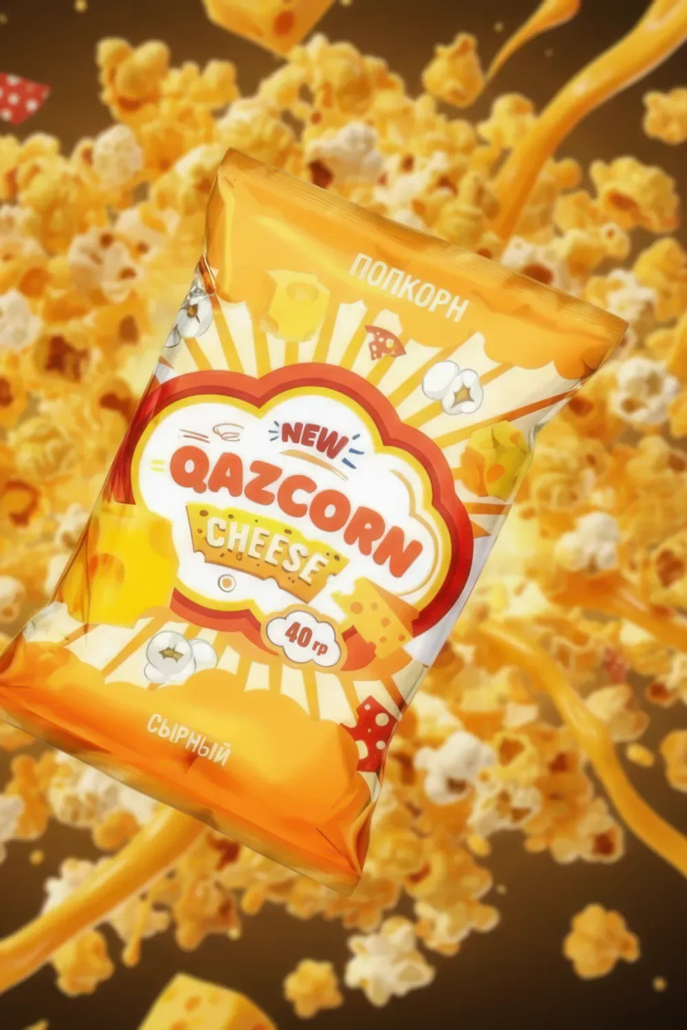 Пачка QAZCORN Cheese во взрыве сырного попкорна